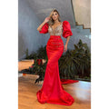 Sexy Red Deep V-Neck Puff Sleeves Ruched Mermaid Formal Party Prom Dress