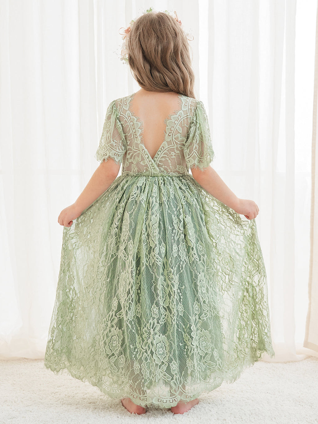 A-line Lace Ankle-length Ivory Boho Flower Girl Dress