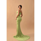 Sexy V Neck Side Slit Satin Mermaid Long Prom Evening Dress With Train