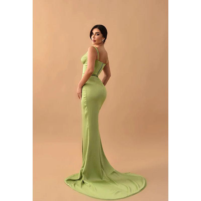 Sexy V Neck Side Slit Satin Mermaid Long Prom Evening Dress With Train