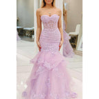 Trumpet Sweetheart Lace Applique with Tulle Train Party Prom Evening Dress