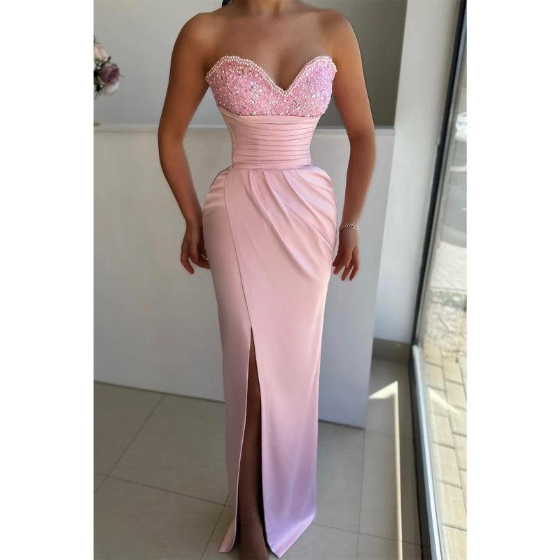 Sheath/coumn V Neck Parls Side Slit Long Formal Evening Dress