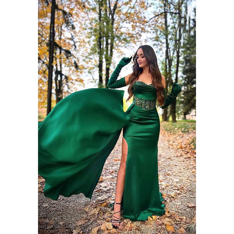 Sweetheart Strapless Appliqued Ruched Satin Sheath Long Prom Evening Dress