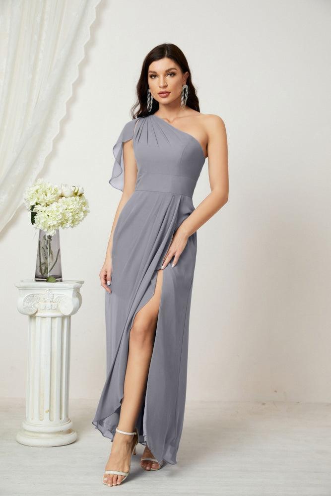 Numbersea  Chiffon Ruffled One Shoulder Long Bridesmaid Dresses A-line Formal Evening Gown Side Split 2809