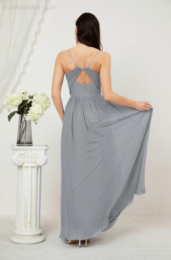 Baoleely  Neck Bridesmaid Dresses Chiffon Long Spaghetti A-line Formal Prom Gown for Wedding Party Evening 2801