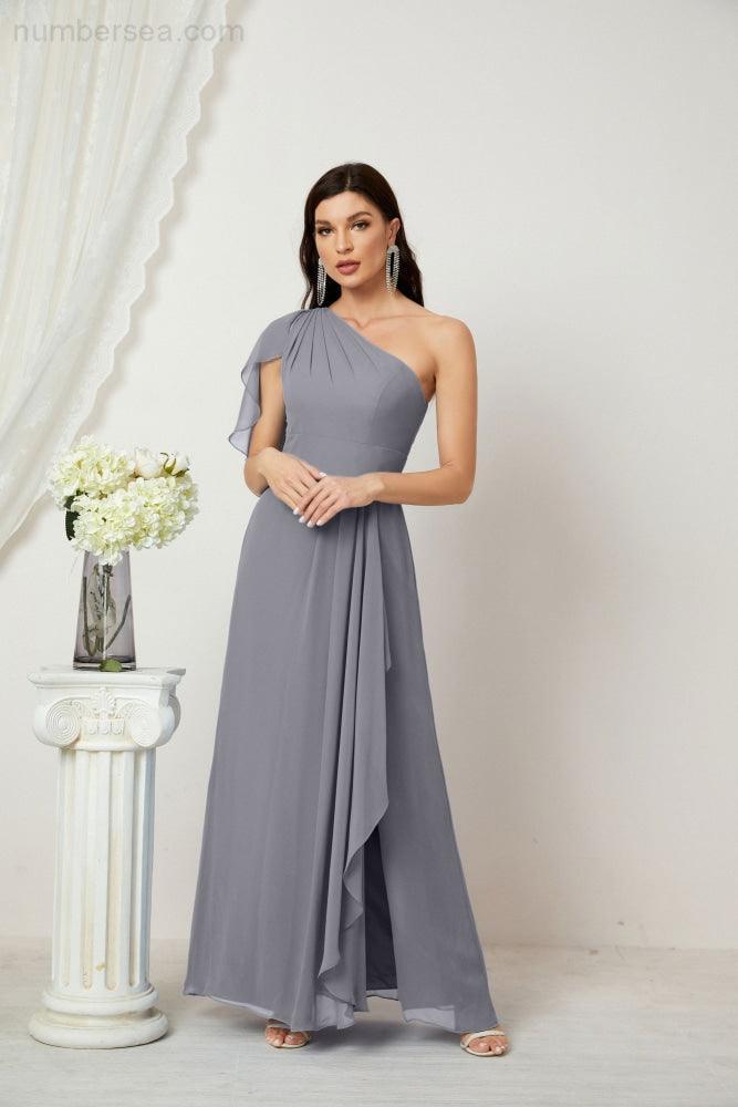 Numbersea  Chiffon Ruffled One Shoulder Long Bridesmaid Dresses A-line Formal Evening Gown Side Split 2809