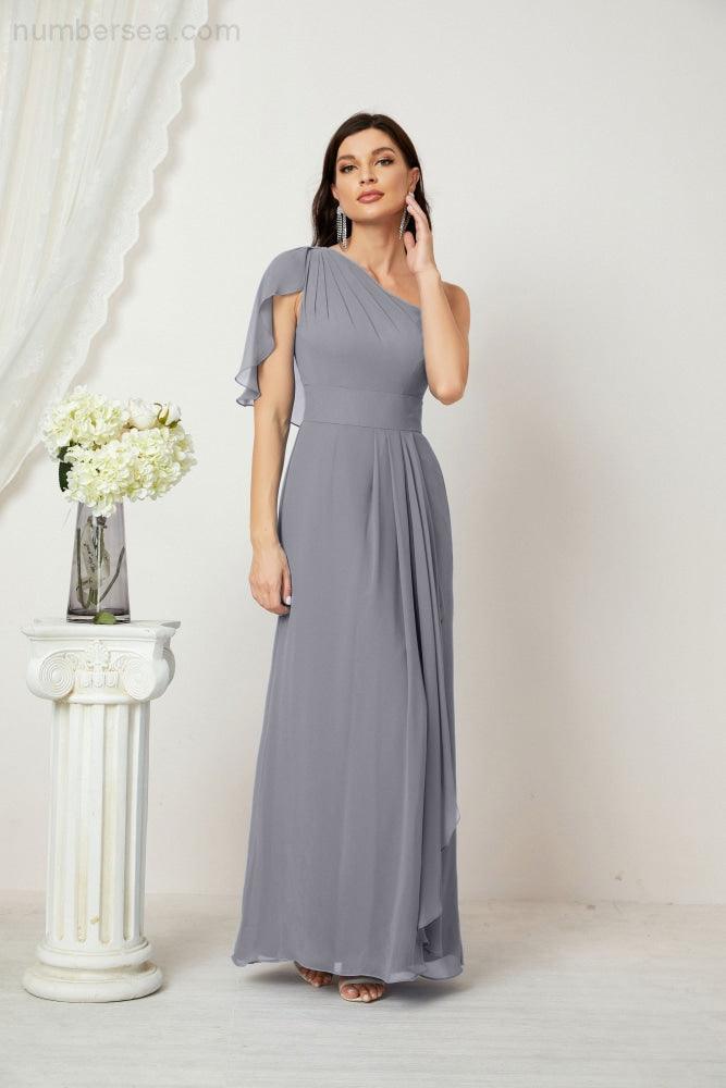 Numbersea  Chiffon Ruffled One Shoulder Long Bridesmaid Dresses A-line Formal Evening Gown Side Split 2809