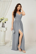 Baoleely  Neck Bridesmaid Dresses Chiffon Long Spaghetti A-line Formal Prom Gown for Wedding Party Evening 2801