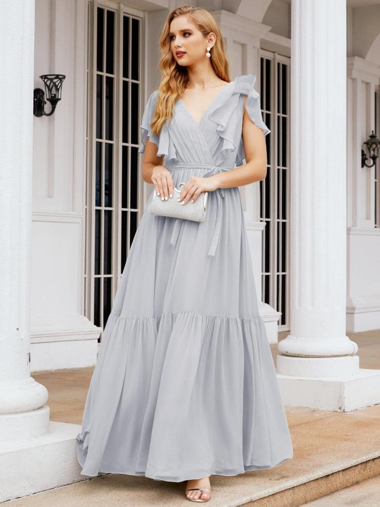Numbersea Women's Open Back Formal Evening Party Prom Gowns V-Neck Long Chiffon Bridesmaid Dresses with Waist Belt 28038
