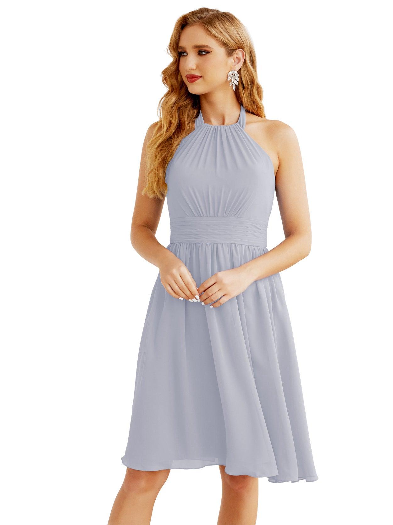 Baoleely Halter Chiffon Bridesmaid Dresses Short Sleeveless Formal Party Dress Open Back 28023