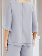 Sunnderly Elegant 2 Piece Mother of The Bride Dress Plus Size Pant Suits Ruffle Layers Sliver Housecoat SY28064