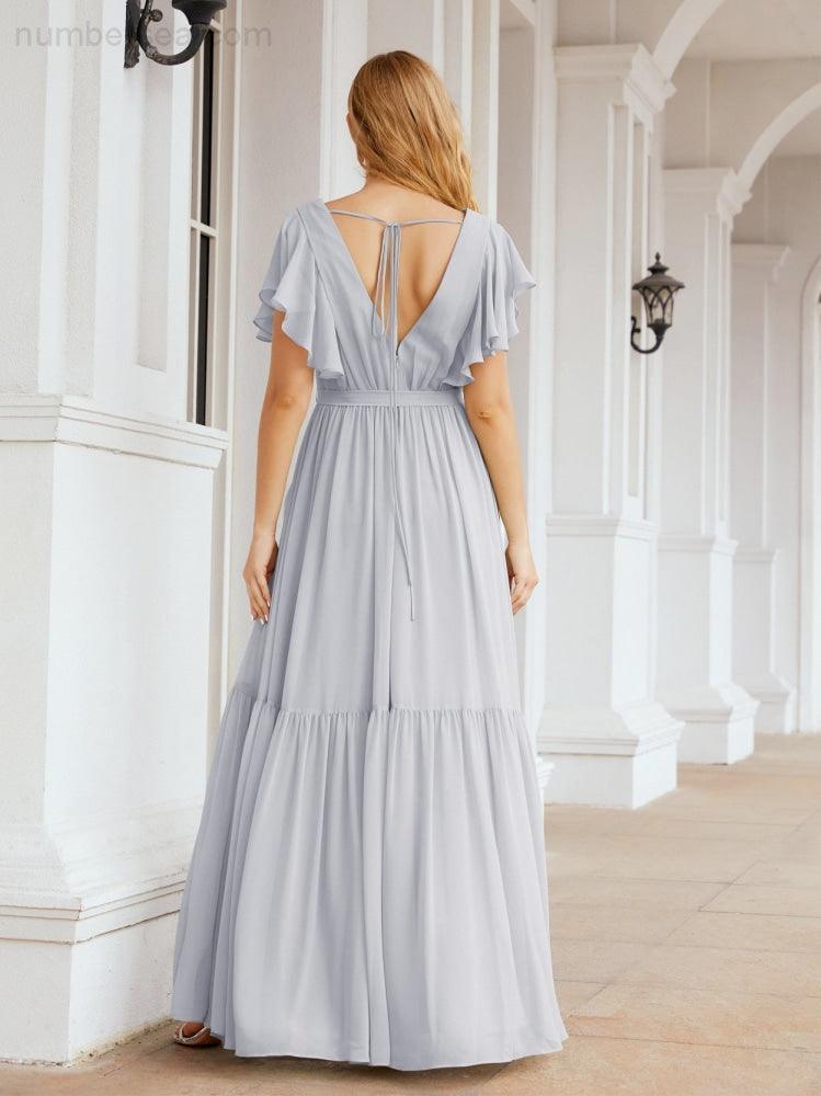 Numbersea Women's Open Back Formal Evening Party Prom Gowns V-Neck Long Chiffon Bridesmaid Dresses with Waist Belt 28038
