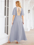 Numbersea V-Neck Bridesmaid Dress Chiffon Long Open Back Formal Dresses for Women Party Evening 28067