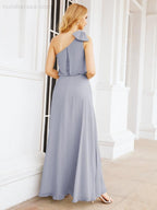 Numbersea Chiffon Ruffled One Shoulder Sleeveless Long Bride Dresses A-line Formal Evening Gown Side Split 28057