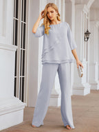 Sunnderly Elegant 2 Piece Mother of The Bride Dress Plus Size Pant Suits Ruffle Layers Sliver Housecoat SY28064