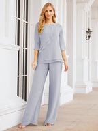 Sunnderly Elegant 2 Piece Mother of The Bride Dress Plus Size Pant Suits Ruffle Layers Sliver Housecoat SY28064