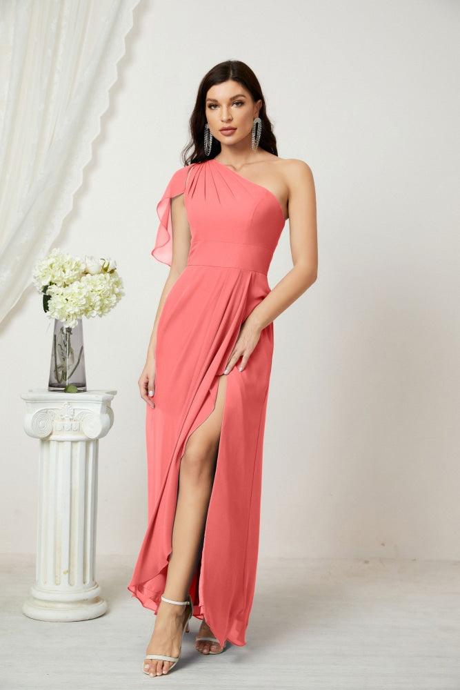 Numbersea  Chiffon Ruffled One Shoulder Long Bridesmaid Dresses A-line Formal Evening Gown Side Split 2809