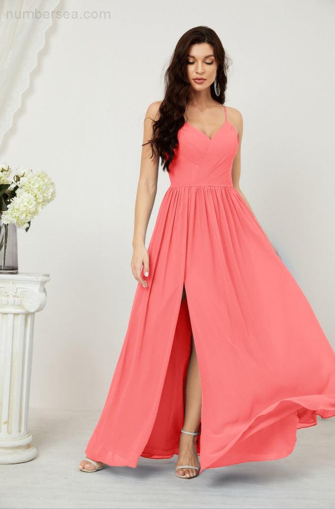 Baoleely  Neck Bridesmaid Dresses Chiffon Long Spaghetti A-line Formal Prom Gown for Wedding Party Evening 2801