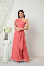 Numbersea  Chiffon Ruffled One Shoulder Long Bridesmaid Dresses A-line Formal Evening Gown Side Split 2809