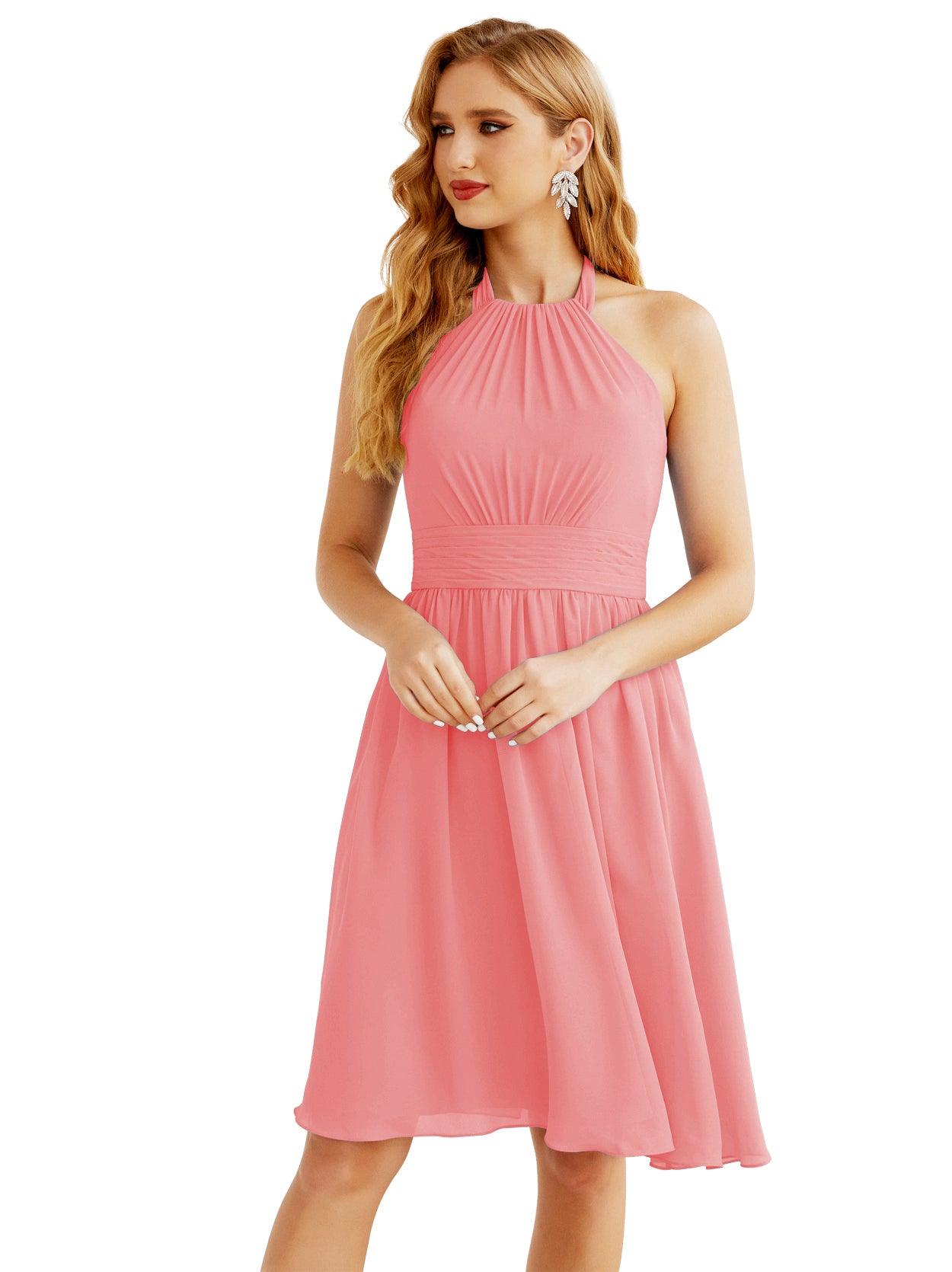 Baoleely Halter Chiffon Bridesmaid Dresses Short Sleeveless Formal Party Dress Open Back 28023