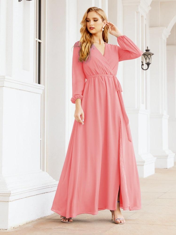 Numbersea Women's Chiffon Bridesmaid Dress A line Long Sleeves Formal Evening Prom Gown for Wedding Guest 28032