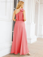 Numbersea Chiffon Ruffled One Shoulder Sleeveless Long Bride Dresses A-line Formal Evening Gown Side Split 28057