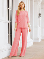 Sunnderly Elegant 2 Piece Mother of The Bride Dress Plus Size Pant Suits Ruffle Layers Sliver Housecoat SY28064