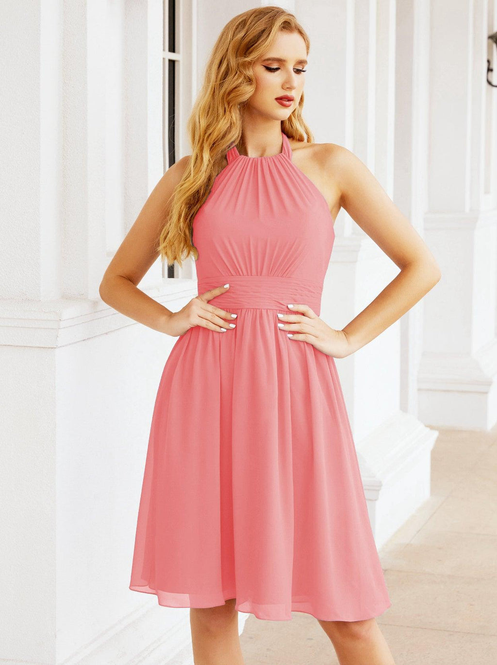 Baoleely Halter Chiffon Bridesmaid Dresses Short Sleeveless Formal Party Dress Open Back 28023