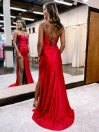 Red Spaghetti Straps Satin Mermaid Prom Dress with Slit