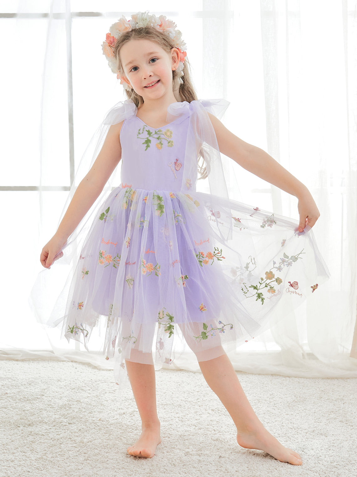 A-Line Sleeveless Floral Embroidered Tulle Toddler Flower Girl Dress