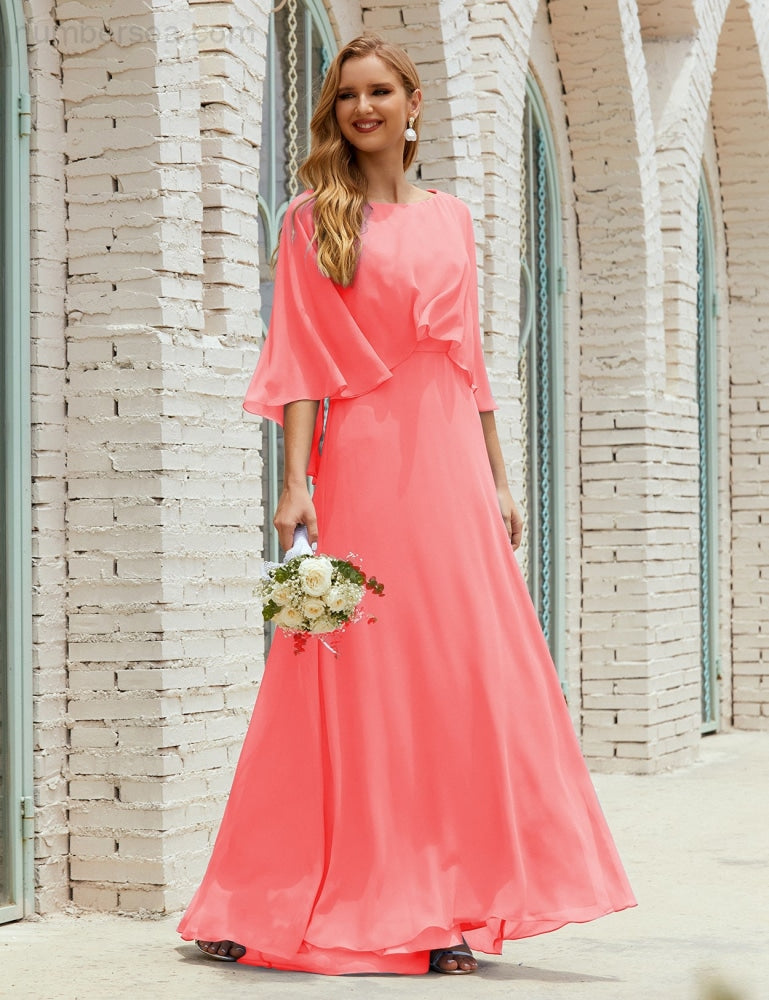 Sunnderly  Bridesmaid Dress Women Long Sleeve V-Neck Chiffon Formal Wedding Party Dress SY28018