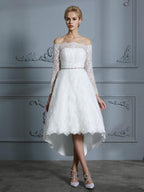 Wedding Dresses Princess Long Sleeves Off-the-Shoulder Asymmetrical Lace