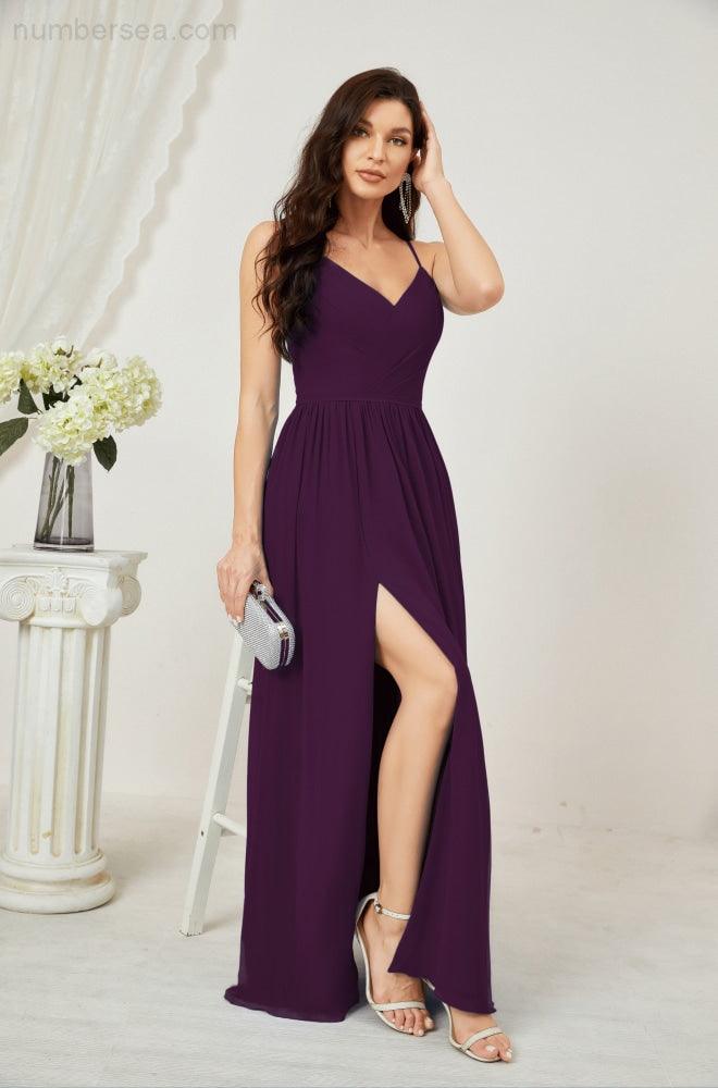 Baoleely  Neck Bridesmaid Dresses Chiffon Long Spaghetti A-line Formal Prom Gown for Wedding Party Evening 2801