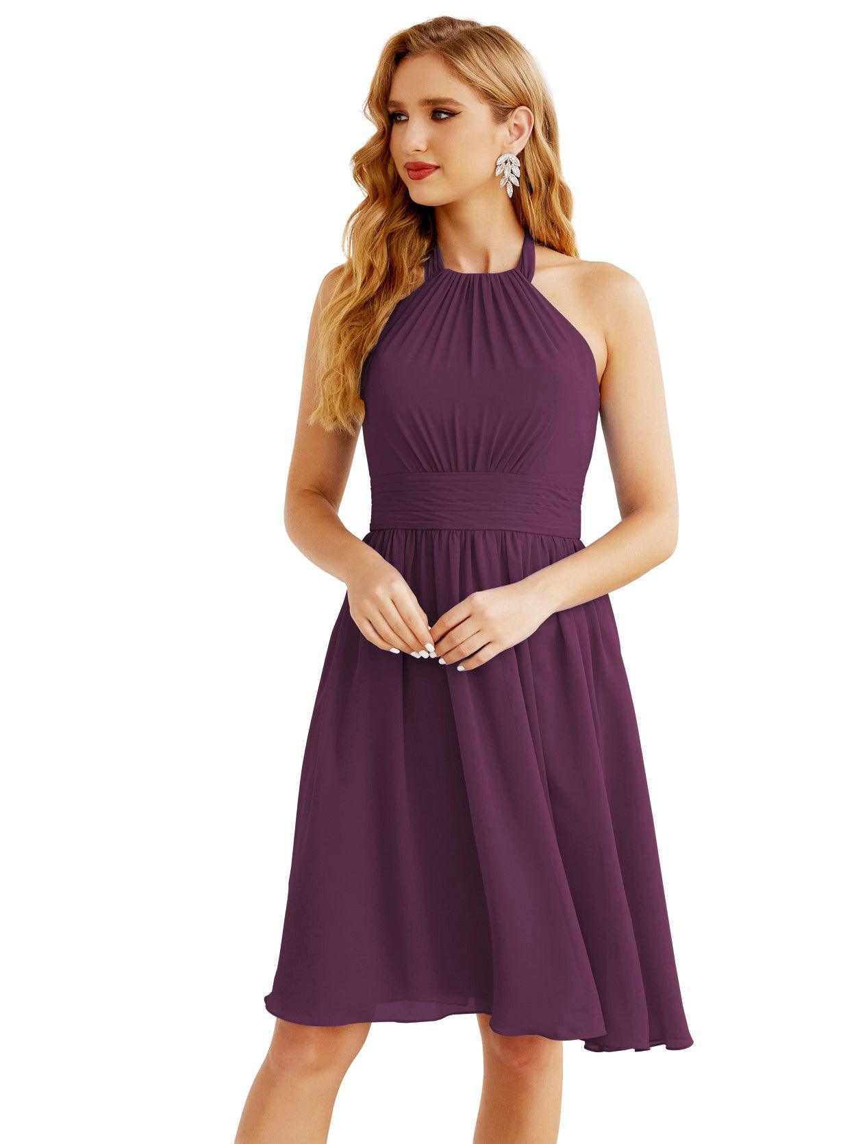 Baoleely Halter Chiffon Bridesmaid Dresses Short Sleeveless Formal Party Dress Open Back 28023