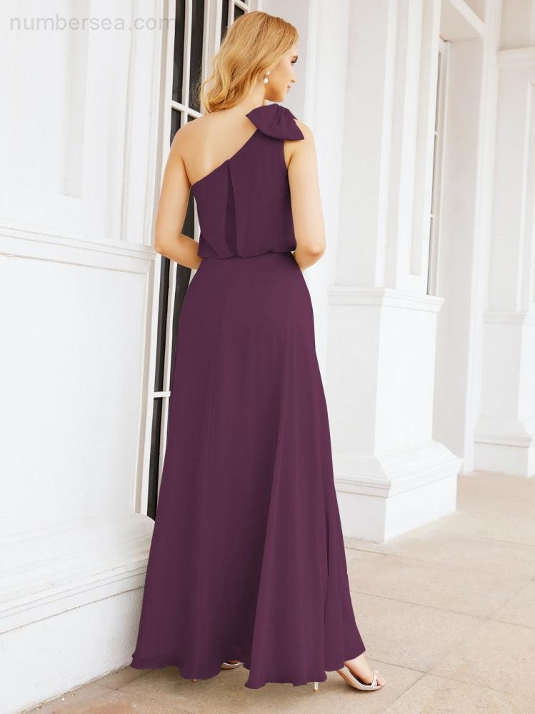 Numbersea Chiffon Ruffled One Shoulder Sleeveless Long Bride Dresses A-line Formal Evening Gown Side Split 28057