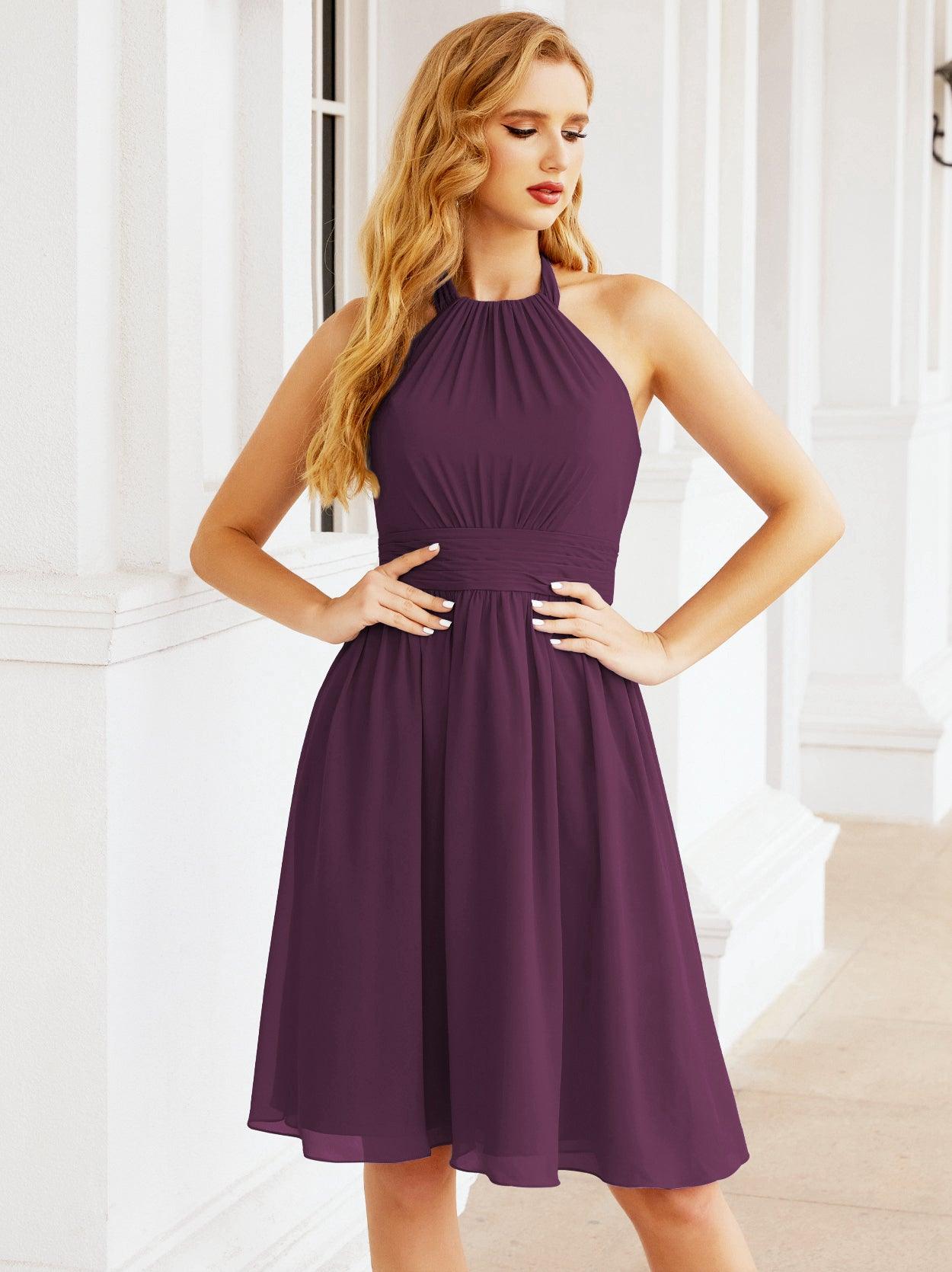 Baoleely Halter Chiffon Bridesmaid Dresses Short Sleeveless Formal Party Dress Open Back 28023