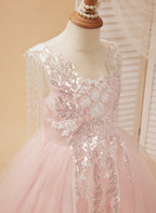 Ball-Gown/Princess Satin Tulle Floor-length Pink Flower Girl Dress