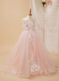 Ball-Gown/Princess Satin Tulle Floor-length Pink Flower Girl Dress