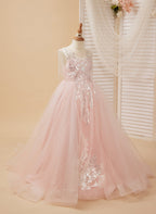 Ball-Gown/Princess Satin Tulle Floor-length Pink Flower Girl Dress
