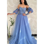Sweetheart Strapless Sequined Tulle A-Line Evening Dress With Detachable Sleeves