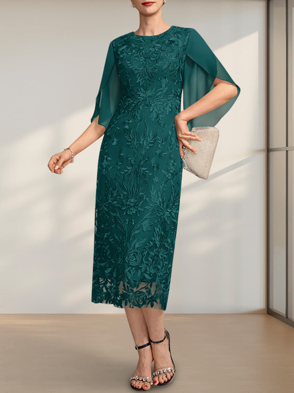 Sheath/Column Scoop Tea-Length Lace Chiffon Mother of the Bride Dress