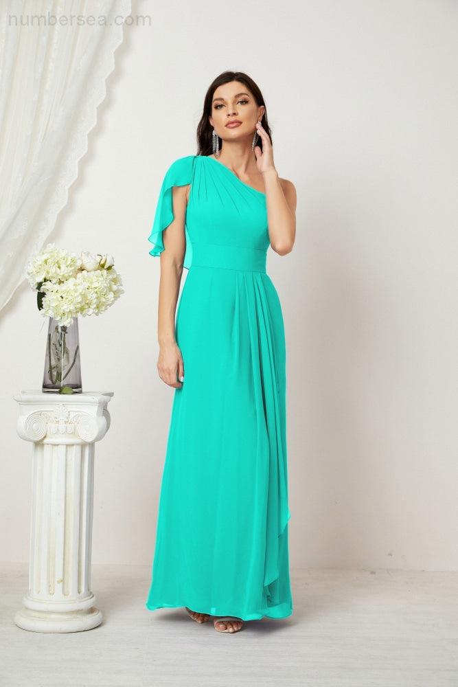 Numbersea  Chiffon Ruffled One Shoulder Long Bridesmaid Dresses A-line Formal Evening Gown Side Split 2809