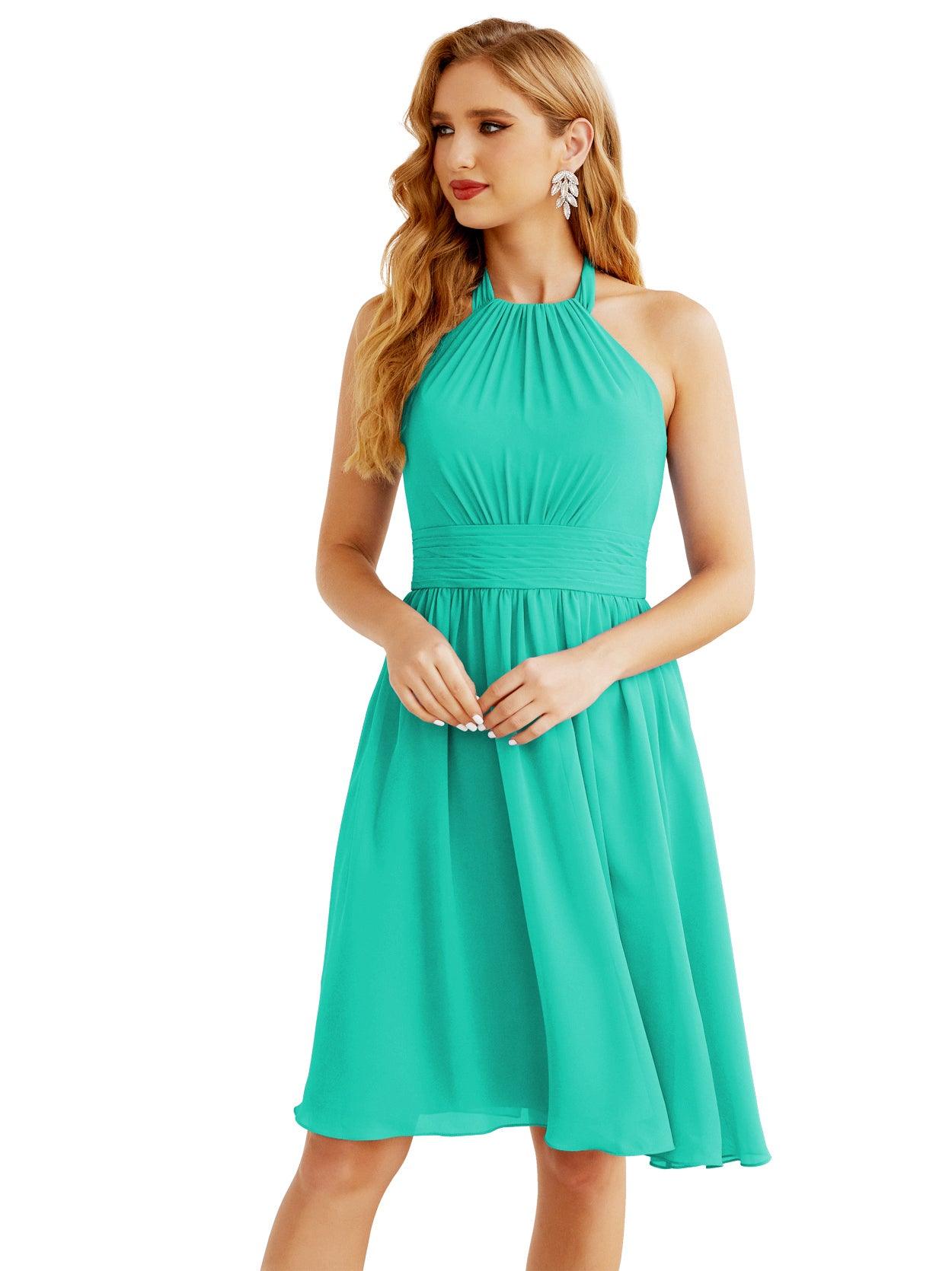 Baoleely Halter Chiffon Bridesmaid Dresses Short Sleeveless Formal Party Dress Open Back 28023