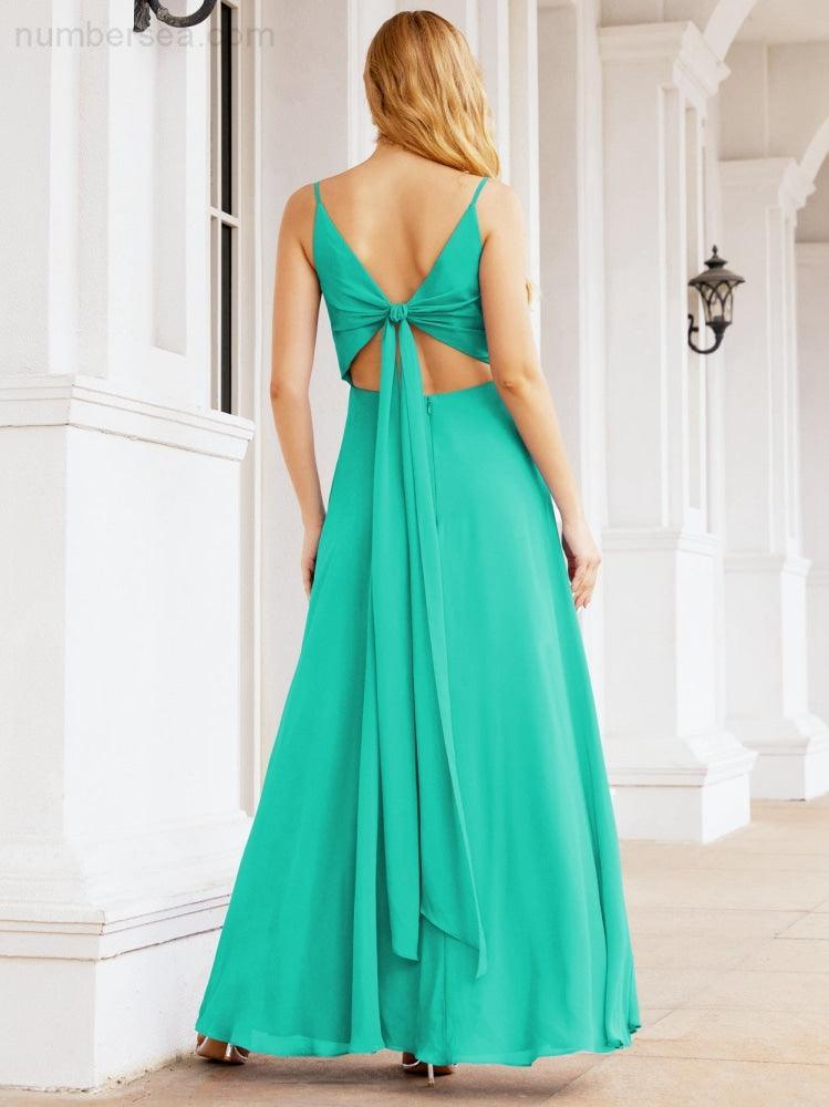 Numbersea Spaghetti Strap Bridesmaid Dresses V Neck Butterfly Back Fromal Evening Party Prom Gown 28036