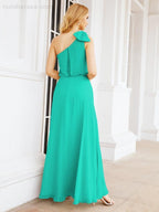 Numbersea Chiffon Ruffled One Shoulder Sleeveless Long Bride Dresses A-line Formal Evening Gown Side Split 28057