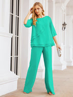 Sunnderly Elegant 2 Piece Mother of The Bride Dress Plus Size Pant Suits Ruffle Layers Sliver Housecoat SY28064