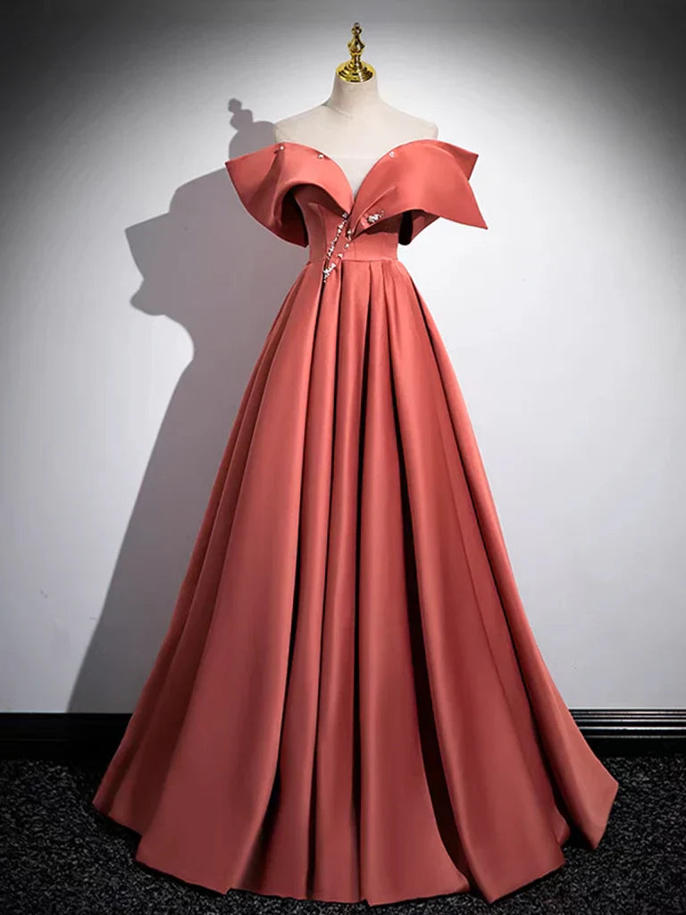 A-Line Ballgown Off Shoulder Satin Long Prom Dress Formal Dress