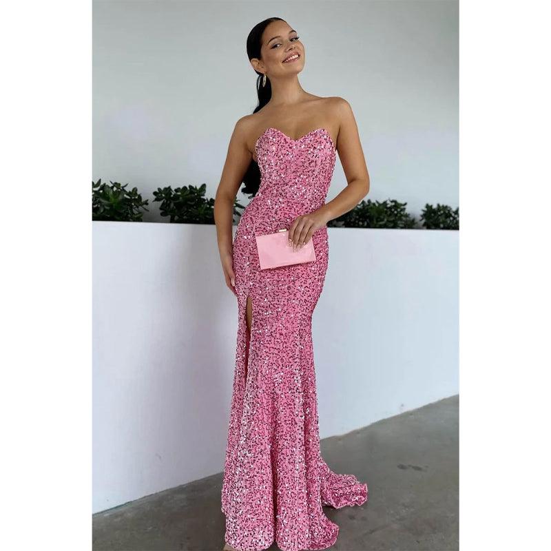 Sexy V-neck Pink Sequins Long Prom Dress with Slit
