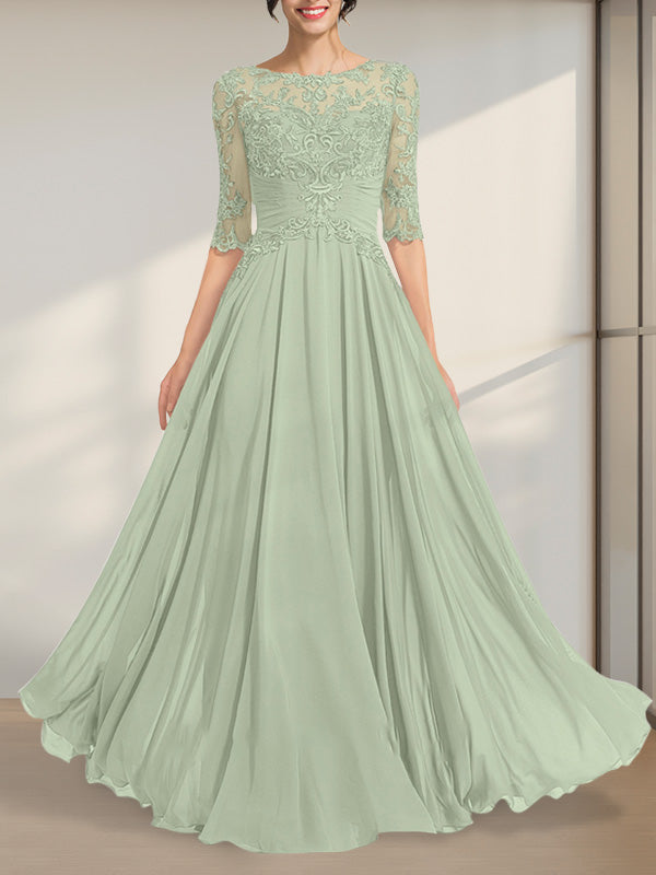 A-line Scoop Illusion Floor-Length Chiffon Lace Mother of the Bride Dress With Pleated Sequins