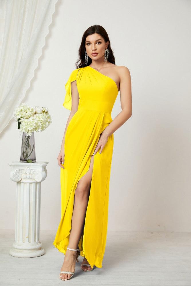 Numbersea  Chiffon Ruffled One Shoulder Long Bridesmaid Dresses A-line Formal Evening Gown Side Split 2809